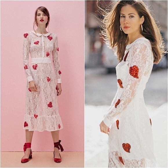 NWT FOR LOVE & LEMONS x JAMIE KING White Lace Red Sequin Hearts Midi Dress Sz S - Picture 2 of 14